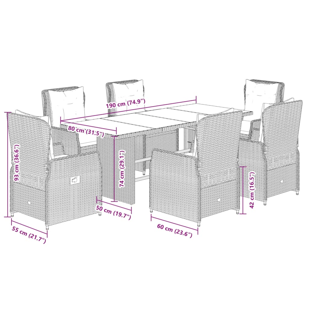 7-tlg. Garten-Essgruppe mit Kissen Grau Poly Rattan