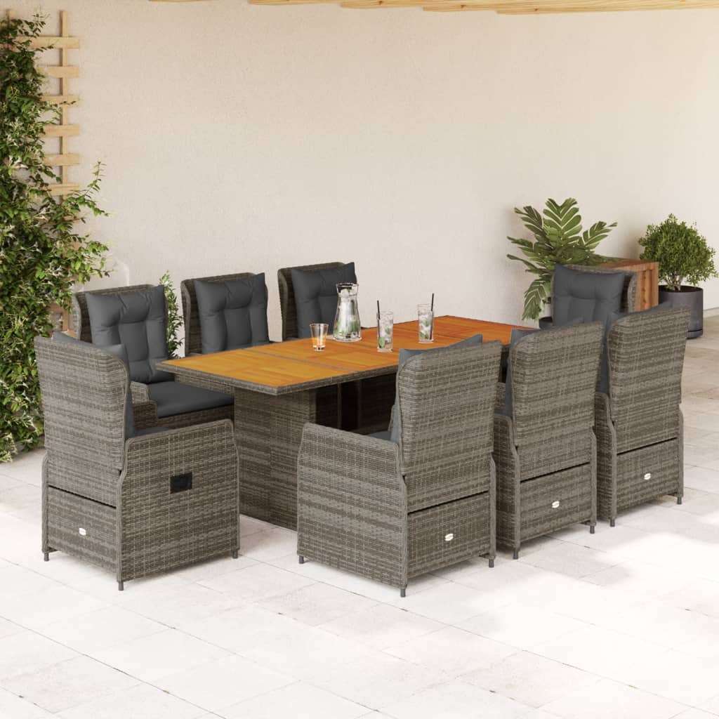 9-tlg. Garten-Essgruppe mit Kissen Grau Poly Rattan