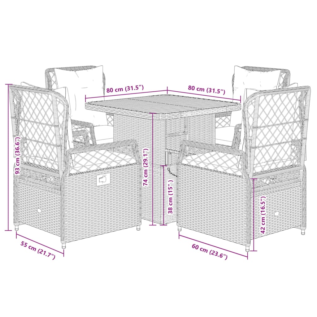 5-tlg. Garten-Essgruppe mit Kissen Schwarz Poly Rattan