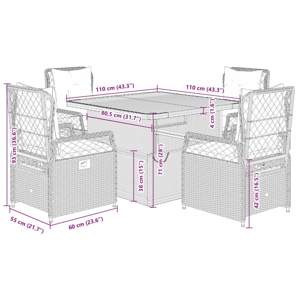 5-tlg. Garten-Essgruppe mit Kissen Schwarz Poly Rattan