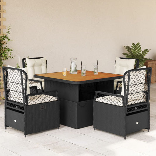 5-tlg. Garten-Essgruppe mit Kissen Schwarz Poly Rattan