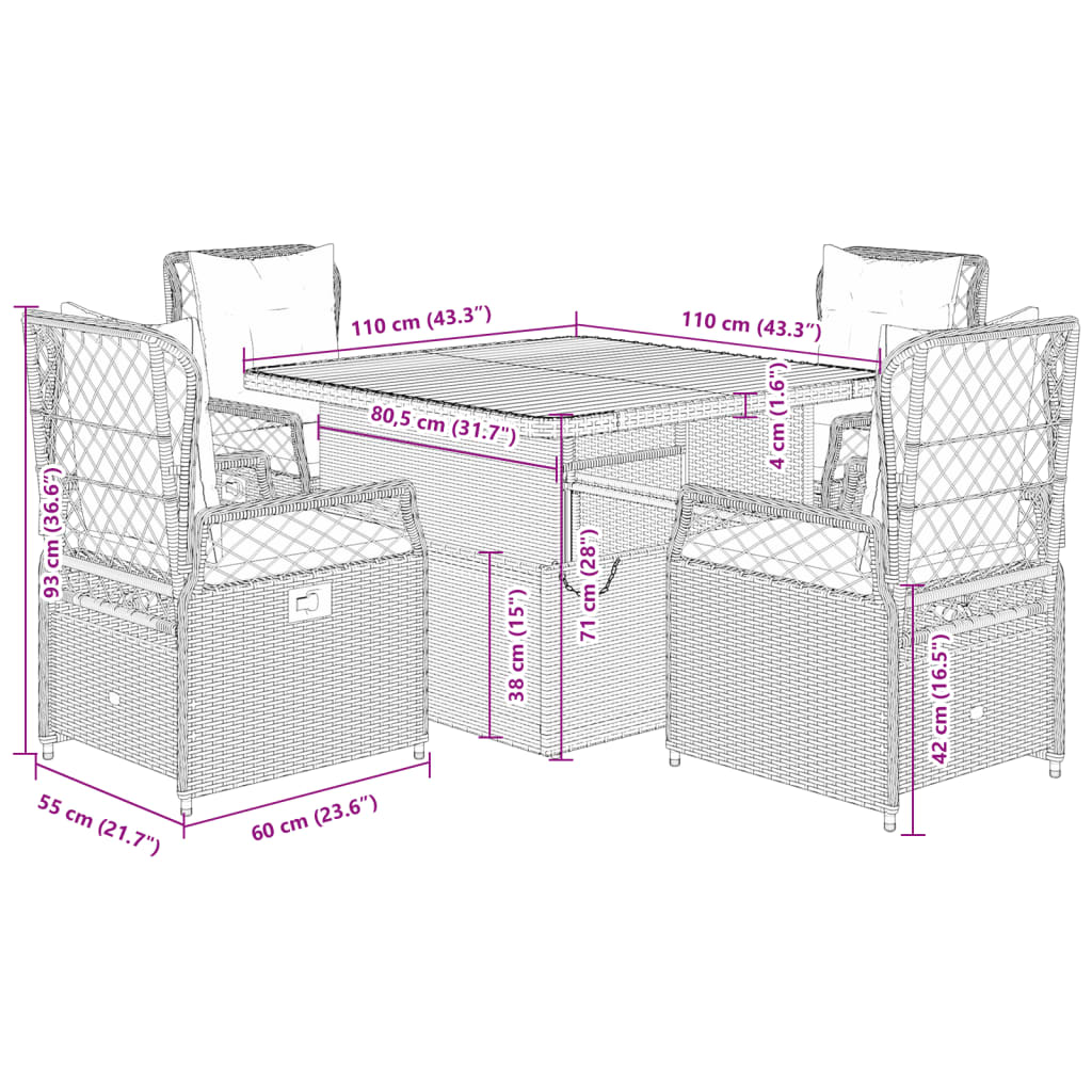 5-tlg. Garten-Essgruppe mit Kissen Grau Poly Rattan