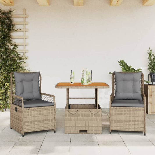 3-tlg. Garten-Essgruppe mit Kissen Beige Poly Rattan