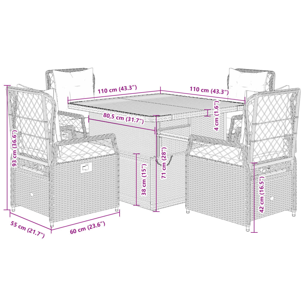 5-tlg. Garten-Essgruppe mit Kissen Beige Poly Rattan