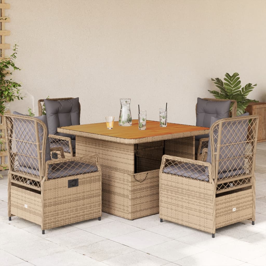 5-tlg. Garten-Essgruppe mit Kissen Beige Poly Rattan