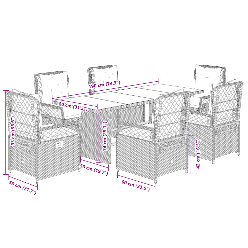 7-tlg. Garten-Essgruppe mit Kissen Schwarz Poly Rattan