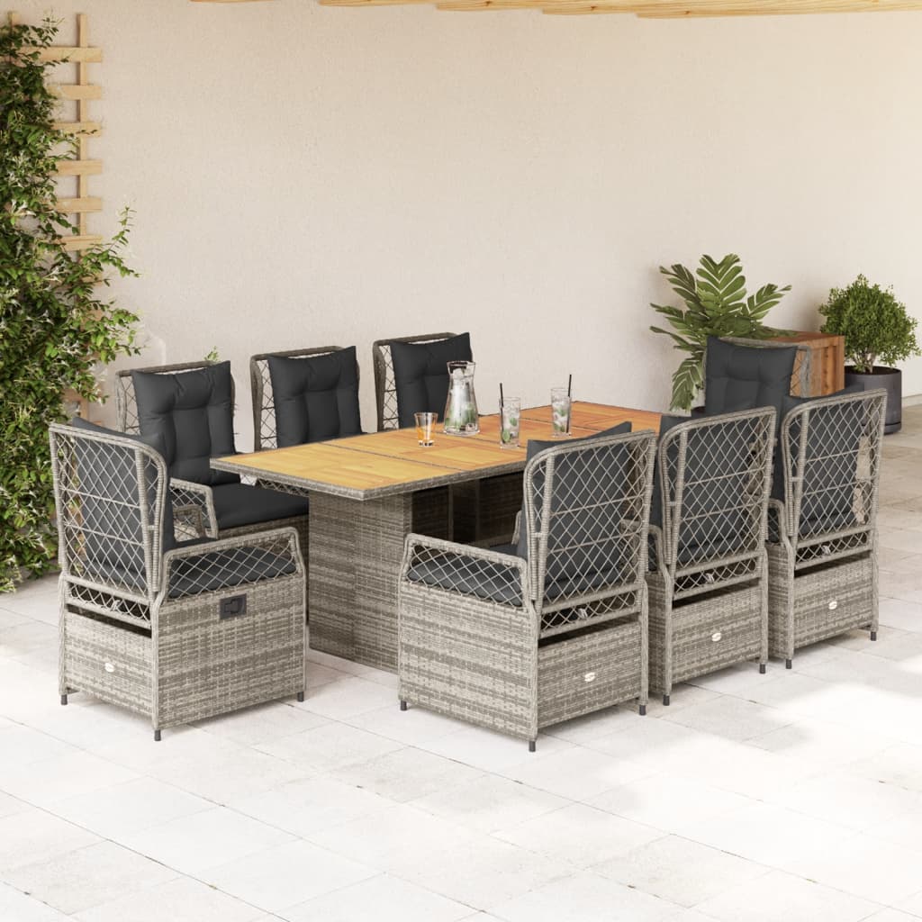 9-tlg. Garten-Essgruppe mit Kissen Grau Poly Rattan