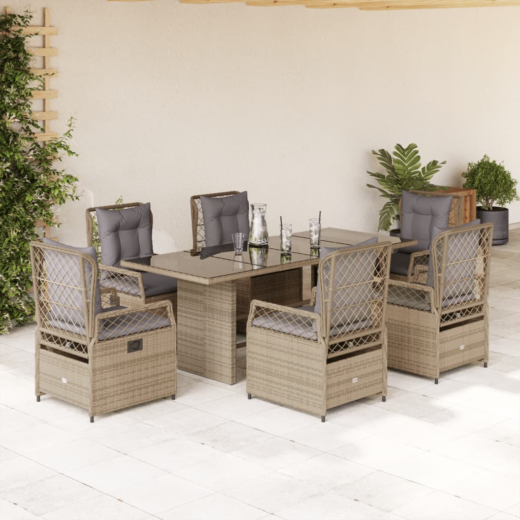 7-tlg. Garten-Essgruppe mit Kissen Beige Poly Rattan