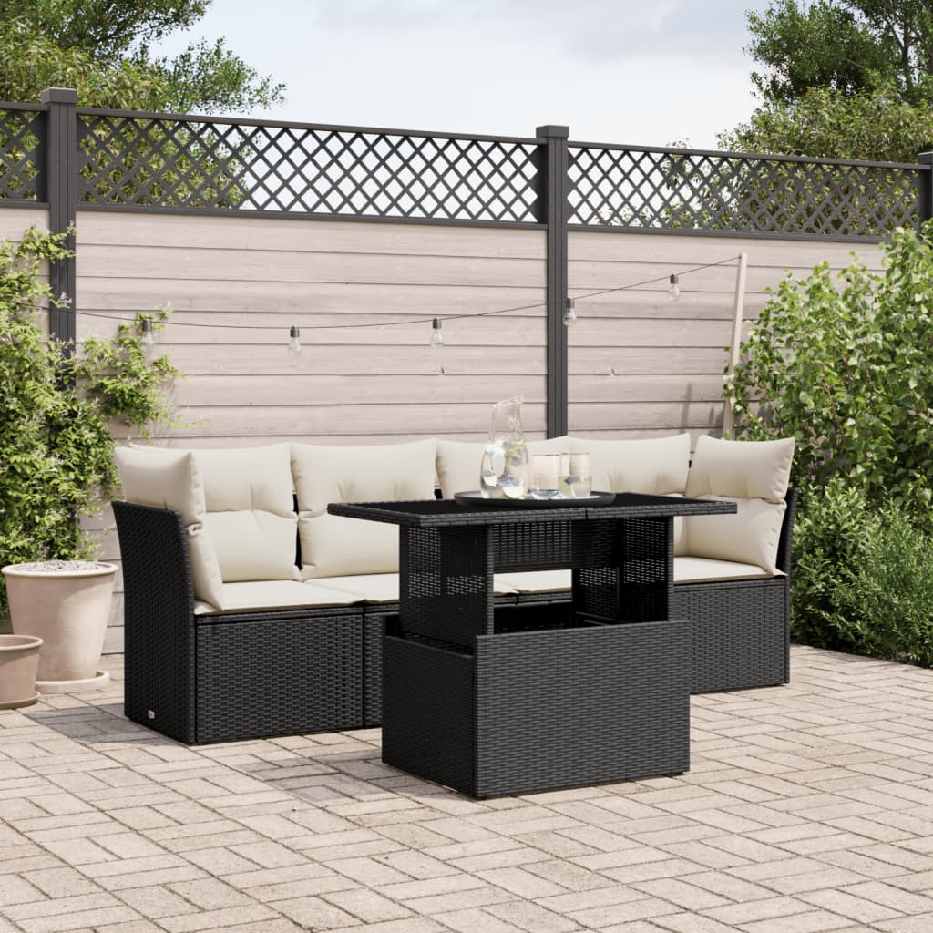 5-tlg. Garten-Sofagarnitur mit Kissen Schwarz Poly Rattan