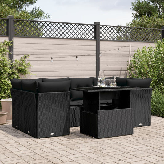 7-tlg. Garten-Sofagarnitur mit Kissen Schwarz Poly Rattan