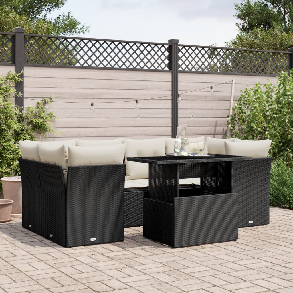 7-tlg. Garten-Sofagarnitur mit Kissen Schwarz Poly Rattan