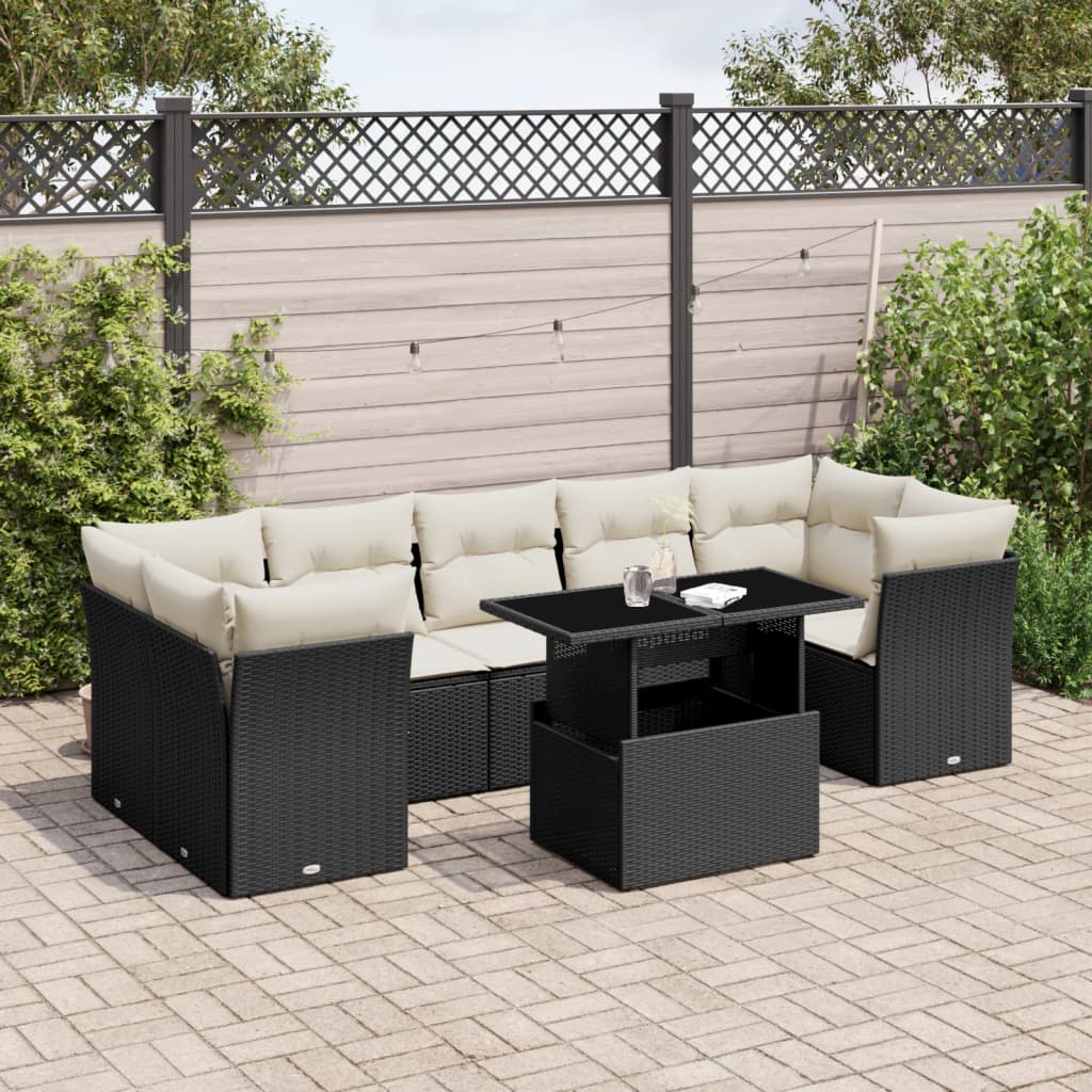 8-tlg. Garten-Sofagarnitur mit Kissen Schwarz Poly Rattan