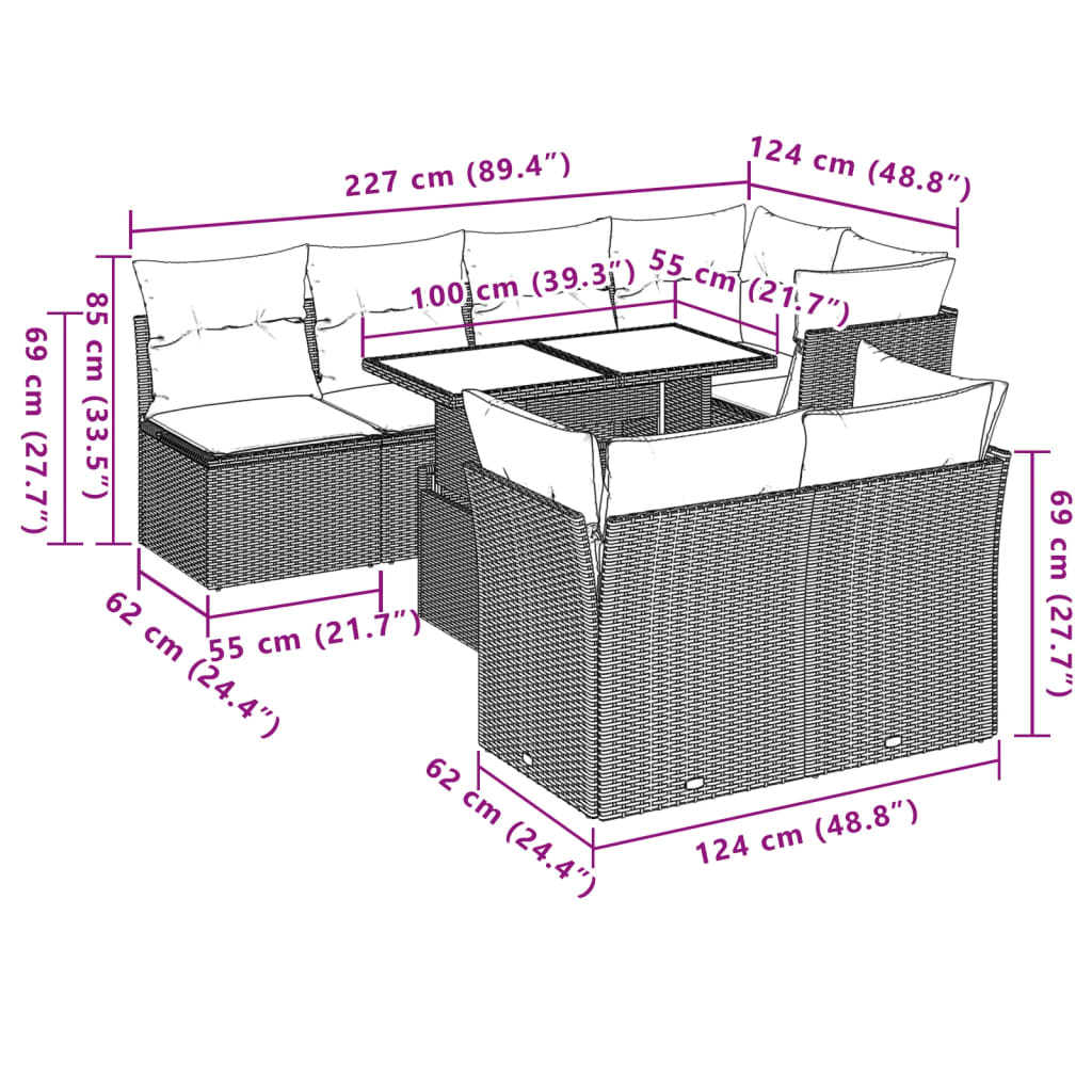 8-tlg. Garten-Sofagarnitur mit Kissen Schwarz Poly Rattan