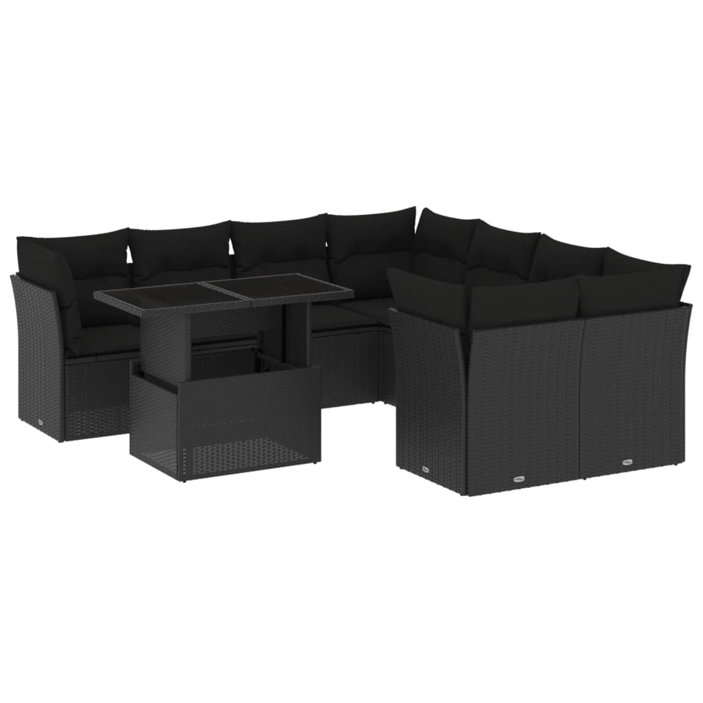 9-tlg. Garten-Sofagarnitur mit Kissen Schwarz Poly Rattan