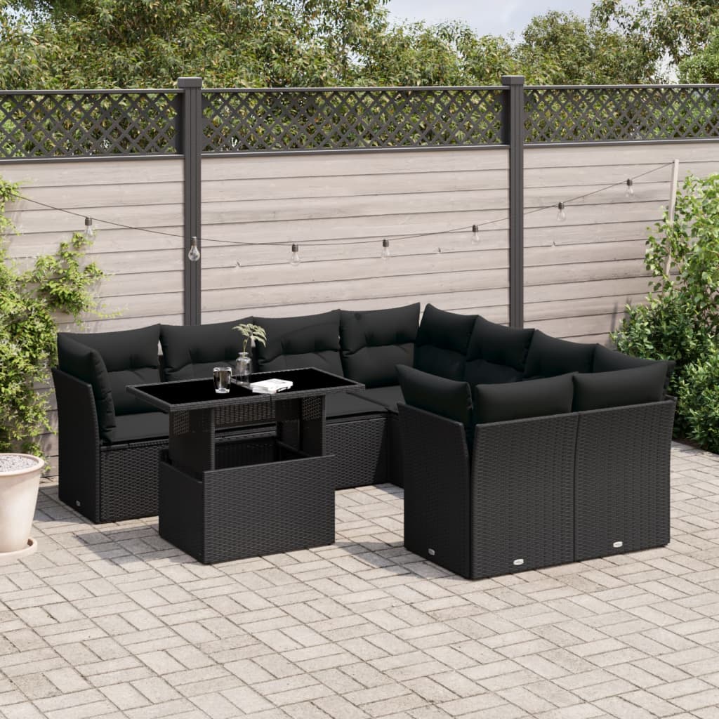 9-tlg. Garten-Sofagarnitur mit Kissen Schwarz Poly Rattan