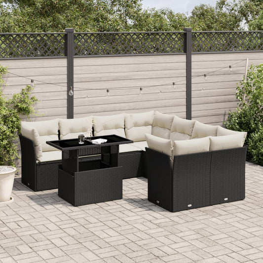 9-tlg. Garten-Sofagarnitur mit Kissen Schwarz Poly Rattan