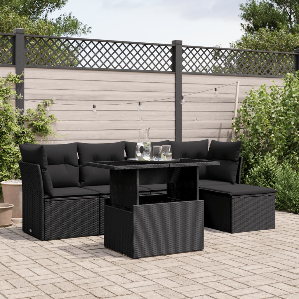 6-tlg. Garten-Sofagarnitur mit Kissen Schwarz Poly Rattan