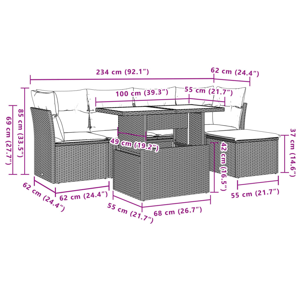 6-tlg. Garten-Sofagarnitur mit Kissen Schwarz Poly Rattan