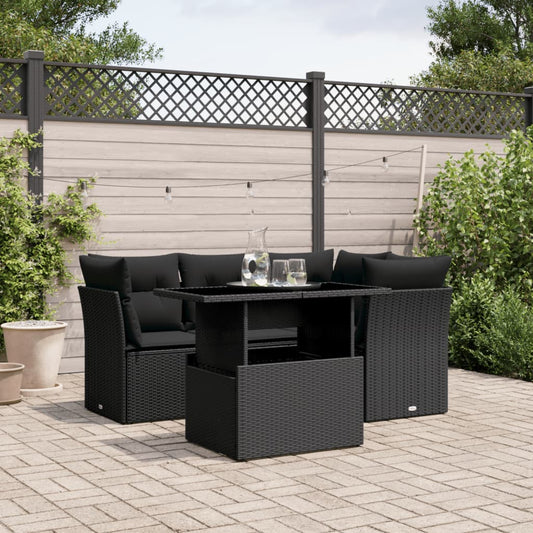 5-tlg. Garten-Sofagarnitur mit Kissen Schwarz Poly Rattan