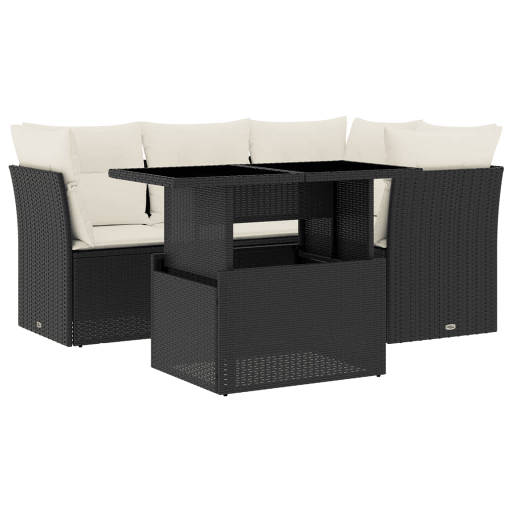 5-tlg. Garten-Sofagarnitur mit Kissen Schwarz Poly Rattan