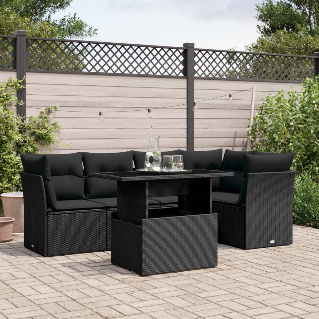 6-tlg. Garten-Sofagarnitur mit Kissen Schwarz Poly Rattan