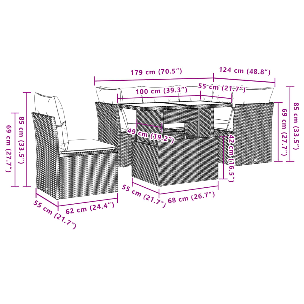 6-tlg. Garten-Sofagarnitur mit Kissen Schwarz Poly Rattan