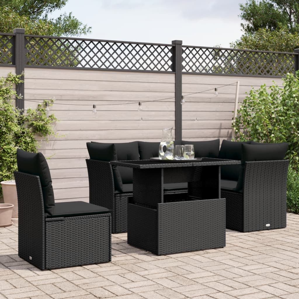 6-tlg. Garten-Sofagarnitur mit Kissen Schwarz Poly Rattan