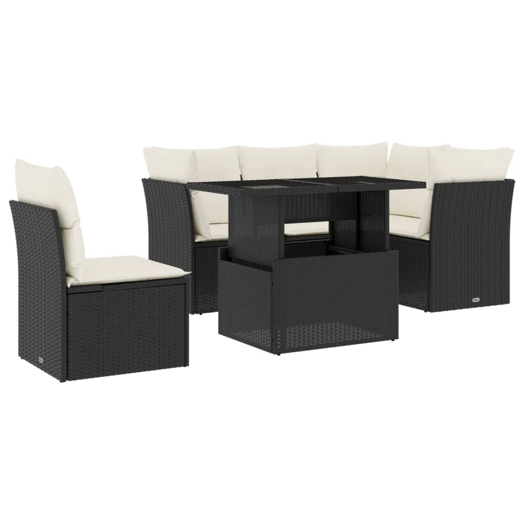 6-tlg. Garten-Sofagarnitur mit Kissen Schwarz Poly Rattan