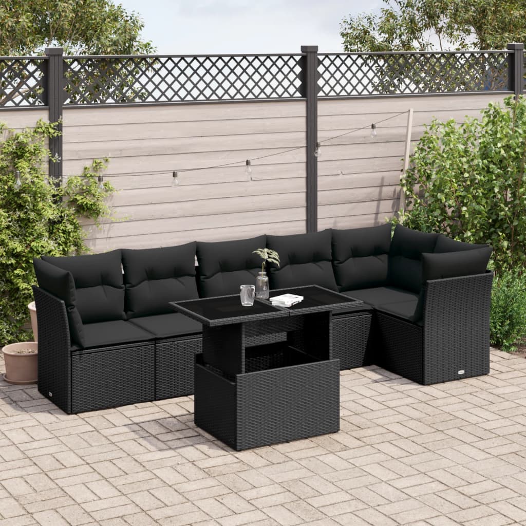 7-tlg. Garten-Sofagarnitur mit Kissen Schwarz Poly Rattan