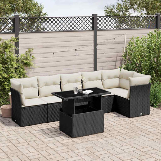 7-tlg. Garten-Sofagarnitur mit Kissen Schwarz Poly Rattan