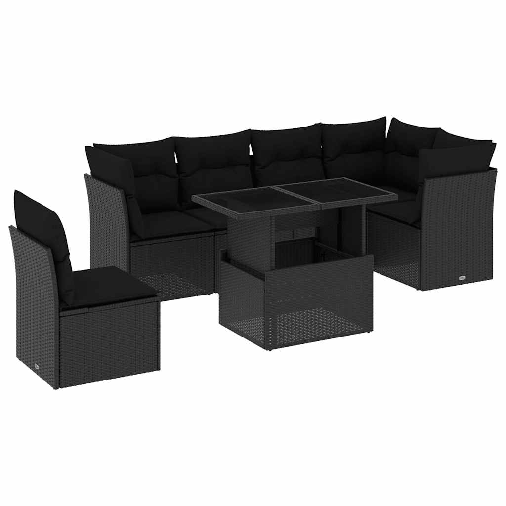 7-tlg. Garten-Sofagarnitur mit Kissen Schwarz Poly Rattan