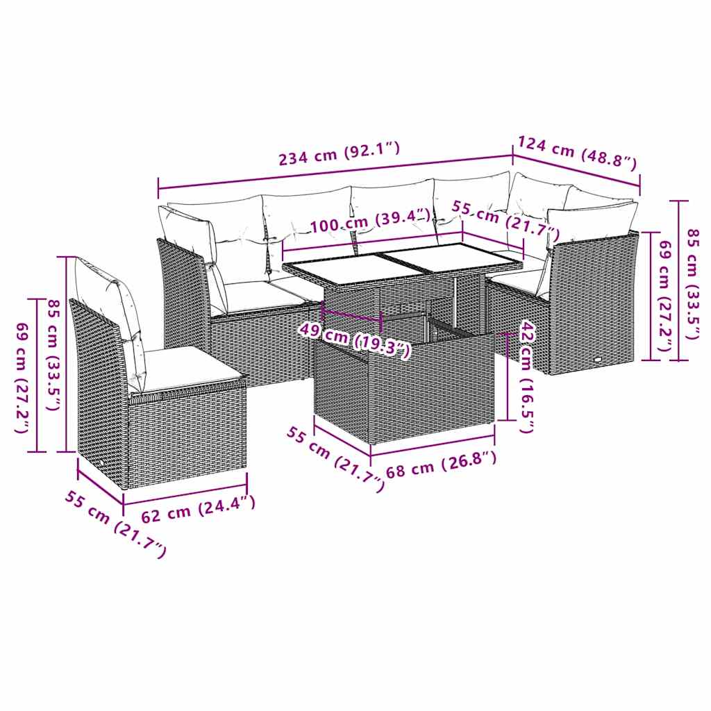 7-tlg. Garten-Sofagarnitur mit Kissen Schwarz Poly Rattan