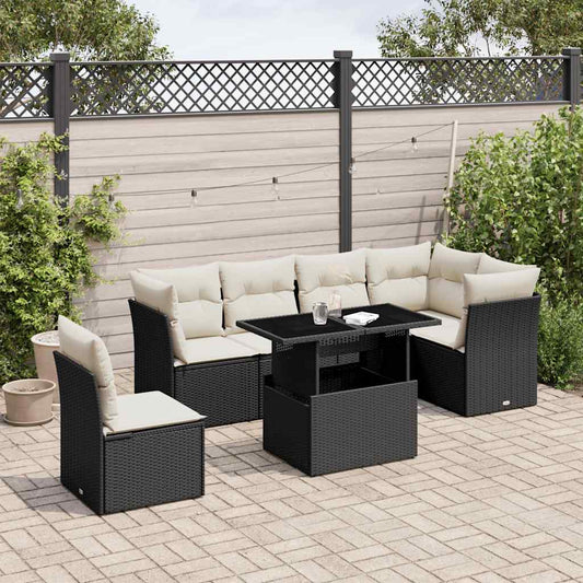 7-tlg. Garten-Sofagarnitur mit Kissen Schwarz Poly Rattan