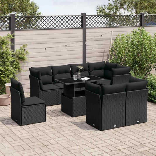 9-tlg. Garten-Sofagarnitur mit Kissen Schwarz Poly Rattan