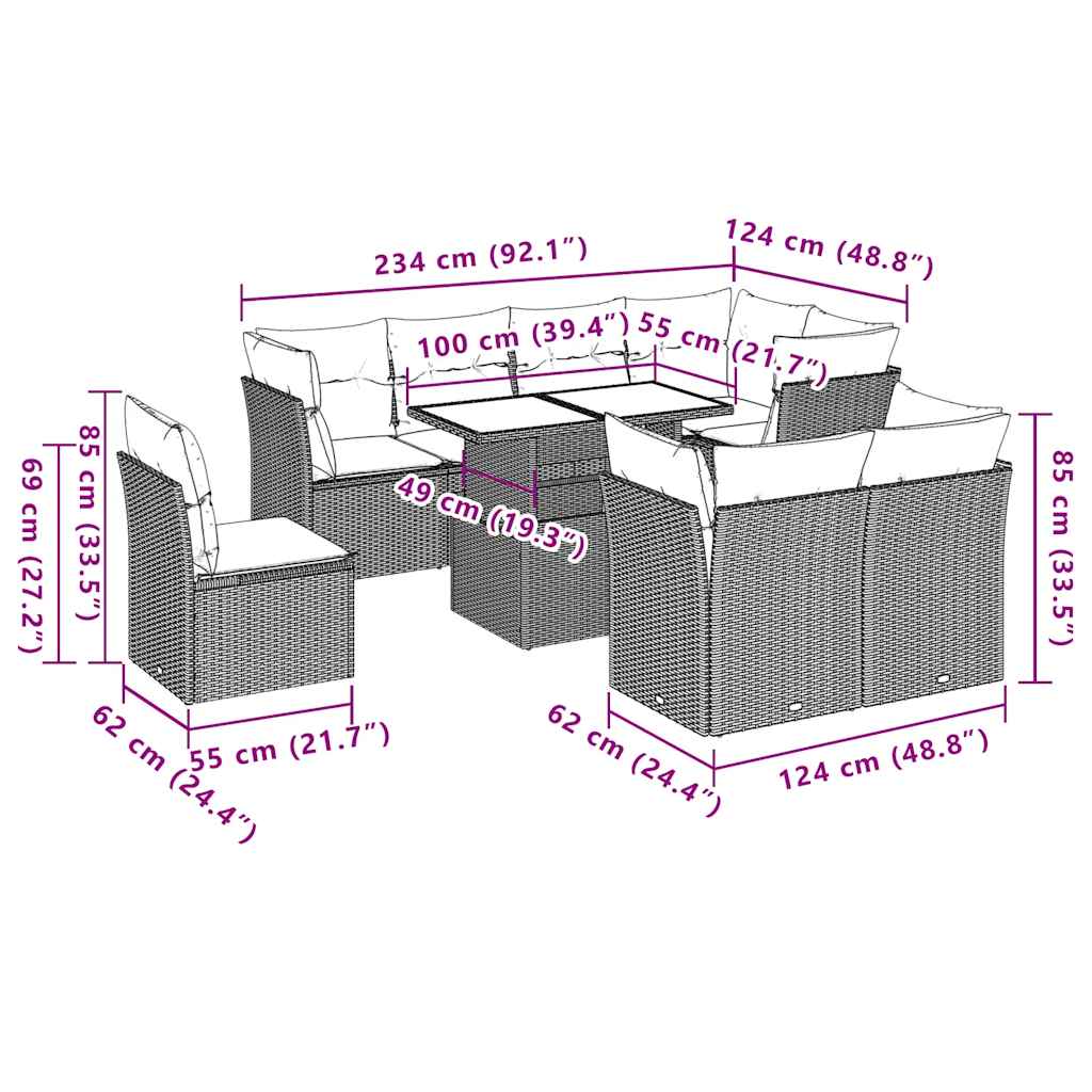 9-tlg. Garten-Sofagarnitur mit Kissen Schwarz Poly Rattan