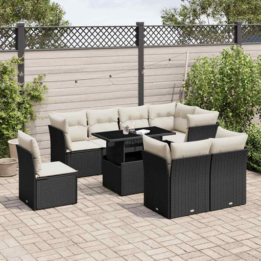 9-tlg. Garten-Sofagarnitur mit Kissen Schwarz Poly Rattan