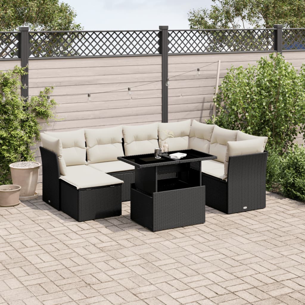 8-tlg. Garten-Sofagarnitur mit Kissen Schwarz Poly Rattan