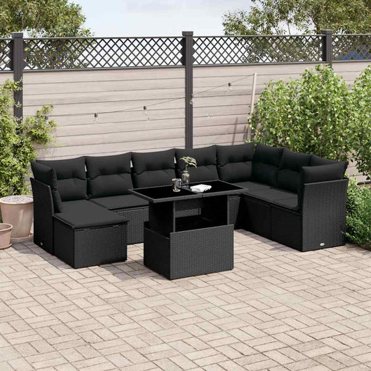 9-tlg. Garten-Sofagarnitur mit Kissen Schwarz Poly Rattan