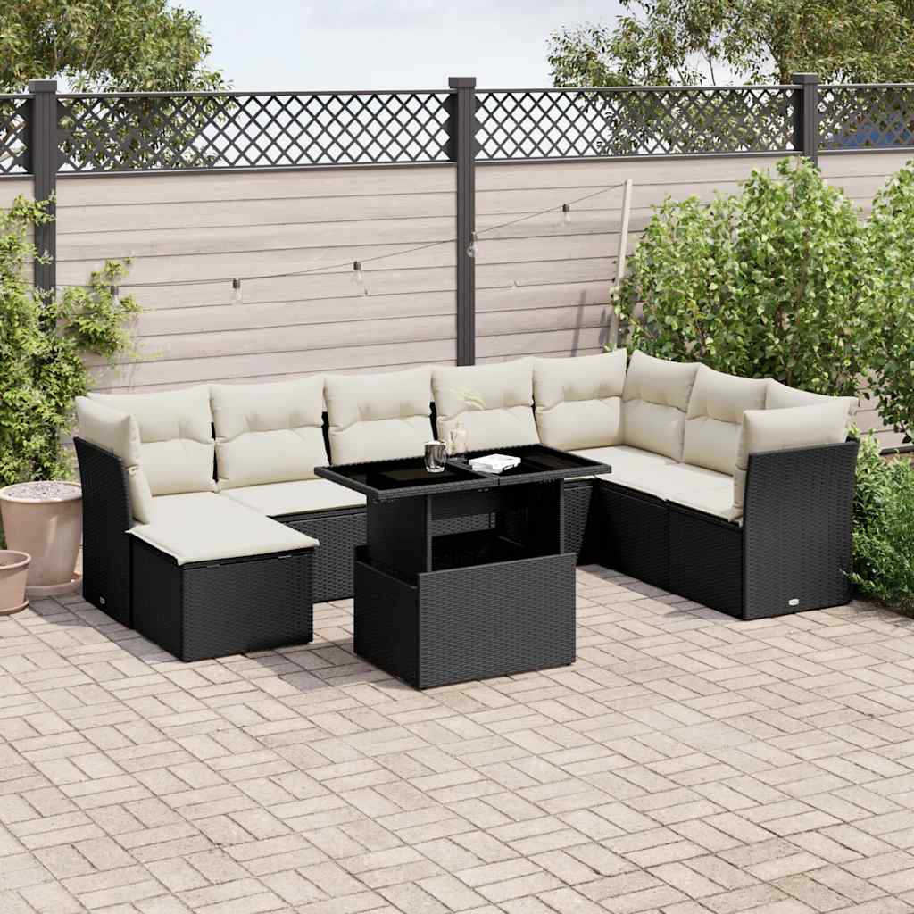 9-tlg. Garten-Sofagarnitur mit Kissen Schwarz Poly Rattan