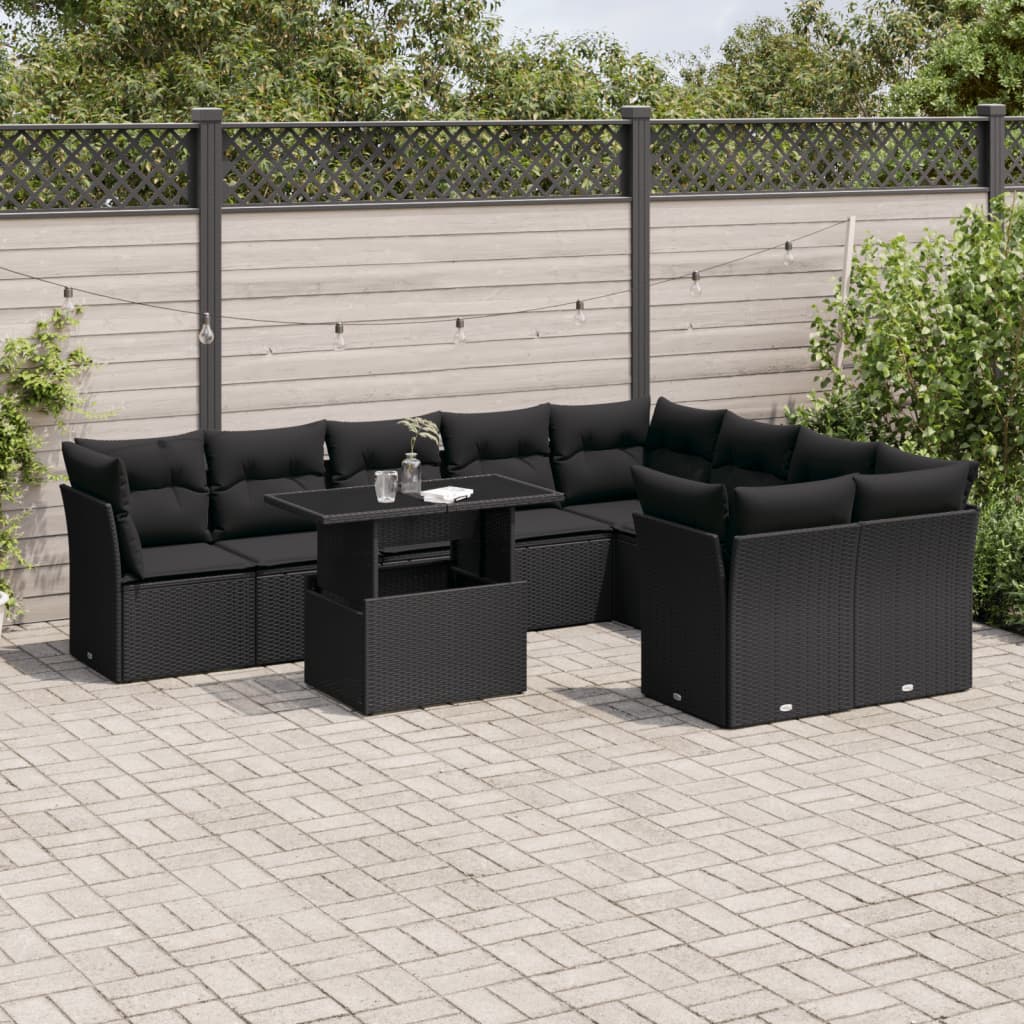 10-tlg. Garten-Sofagarnitur mit Kissen Schwarz Poly Rattan