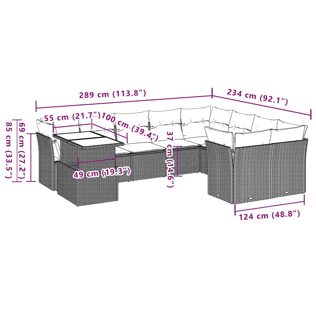 10-tlg. Garten-Sofagarnitur mit Kissen Schwarz Poly Rattan