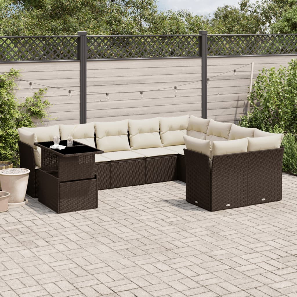 10-tlg. Garten-Sofagarnitur mit Kissen Braun Poly Rattan