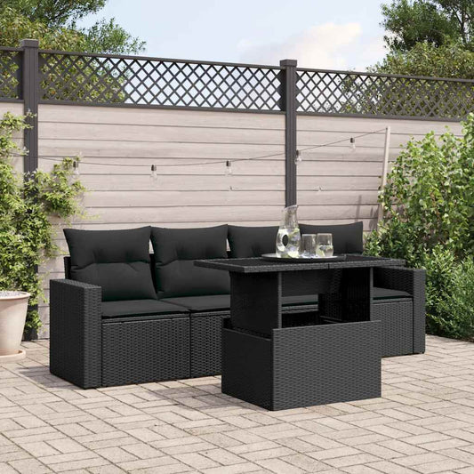 5-tlg. Garten-Sofagarnitur mit Kissen Schwarz Poly Rattan