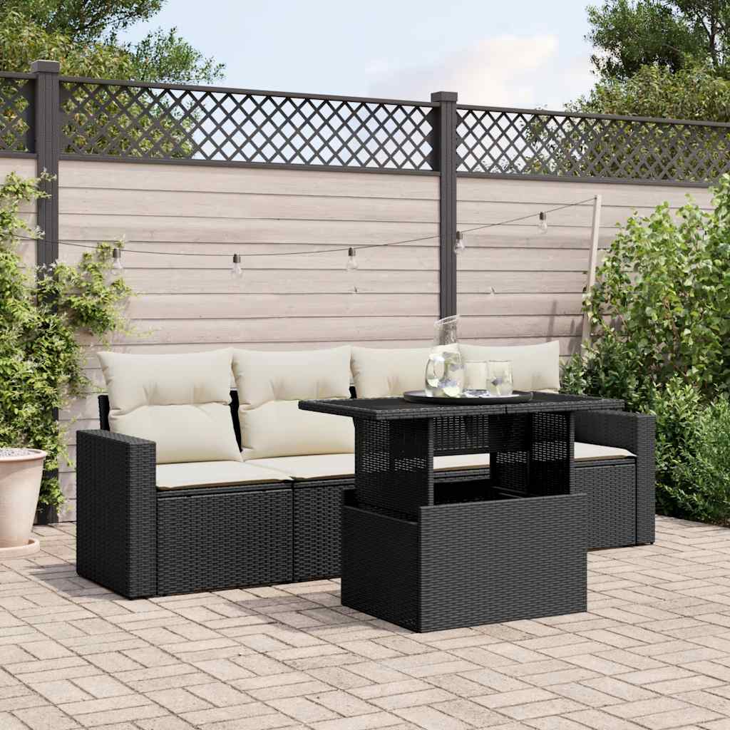 5-tlg. Garten-Sofagarnitur mit Kissen Schwarz Poly Rattan