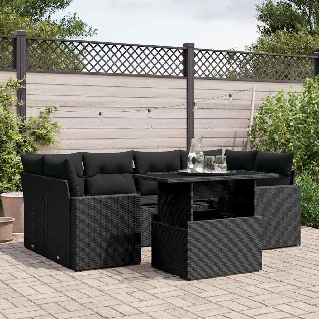 7-tlg. Garten-Sofagarnitur mit Kissen Schwarz Poly Rattan