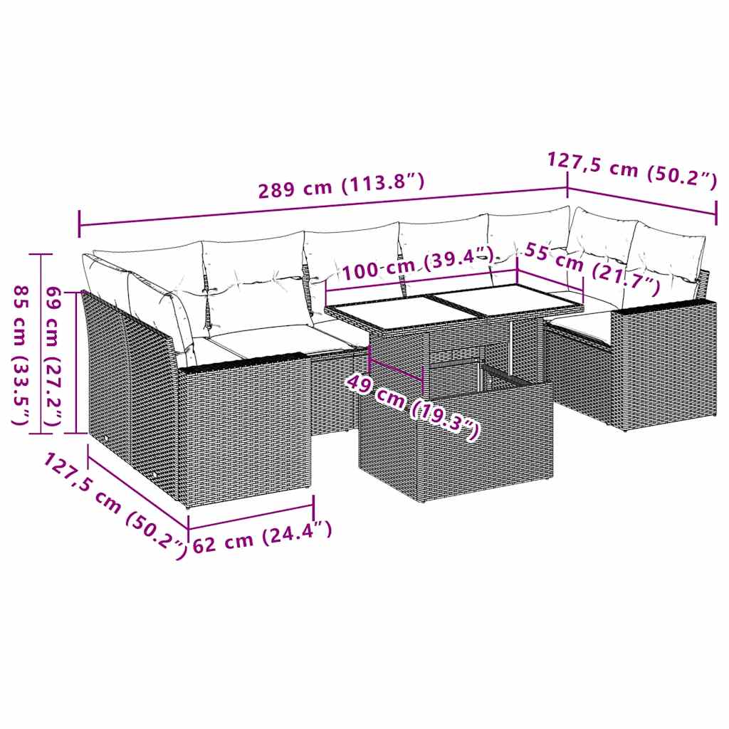 8-tlg. Garten-Sofagarnitur mit Kissen Schwarz Poly Rattan