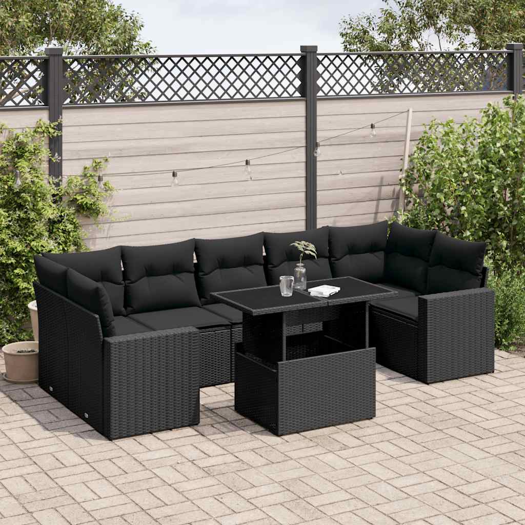 8-tlg. Garten-Sofagarnitur mit Kissen Schwarz Poly Rattan