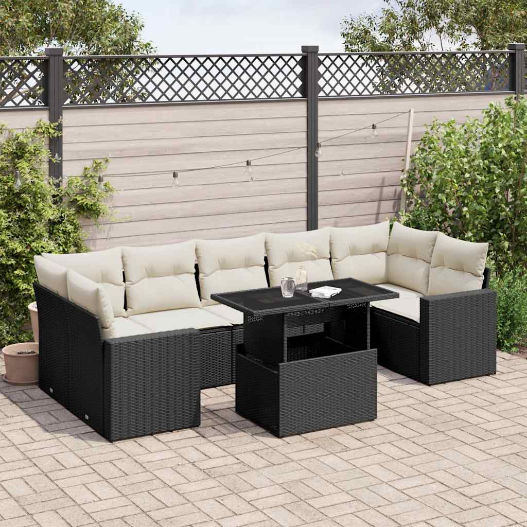 8-tlg. Garten-Sofagarnitur mit Kissen Schwarz Poly Rattan