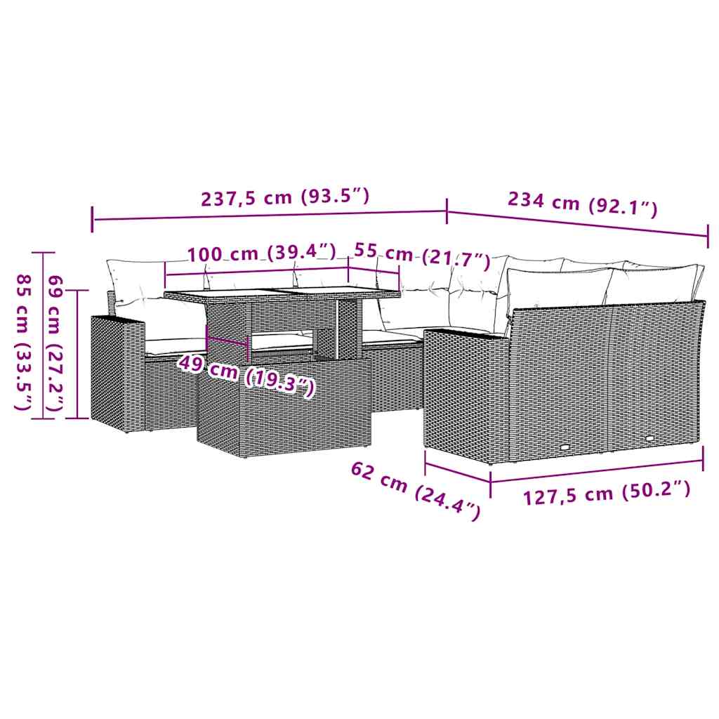 9-tlg. Garten-Sofagarnitur mit Kissen Schwarz Poly Rattan