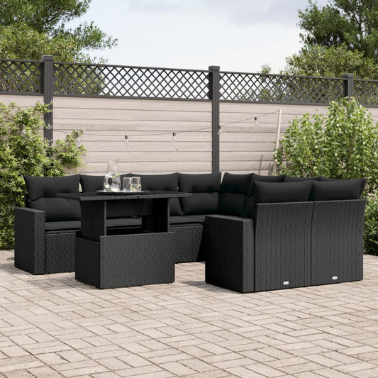 9-tlg. Garten-Sofagarnitur mit Kissen Schwarz Poly Rattan